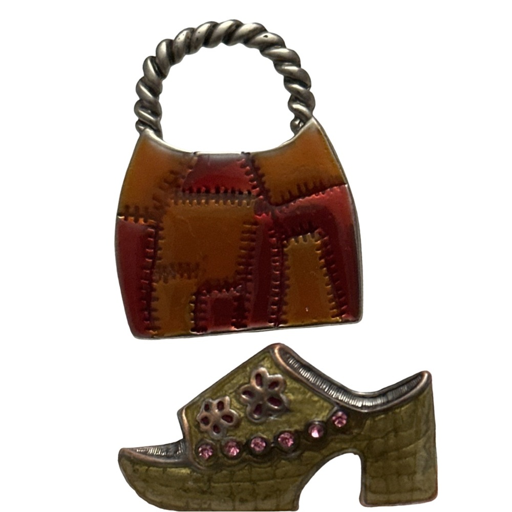 VINTAGE AJMC patchwork purse pin and beautiful sandal pin set of 2, no flaws.